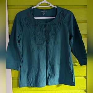 Coldwater Creek Teal Scoop-Neck Long Sleeve Top with Gold Beaded Detail